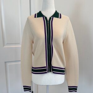 Wimbledon Cream Zip-Up Cardigan with Green and Purple Stripes